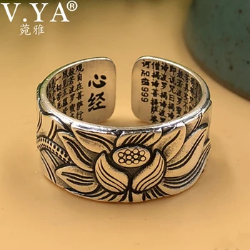 

V.YA 999 Silver Lotus Ring Vintage Amulet Buddha Lotus Baltic Buddhist Scriptures Opening Ring For Men Women Silver Jewelry Gift