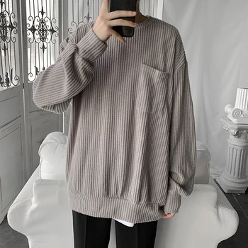 

2019 Autumn And Winter New Korean Loose Solid Color Long-sleeved Sweater Fashion Casual Small Pocket Round Neck Pullover M-XL