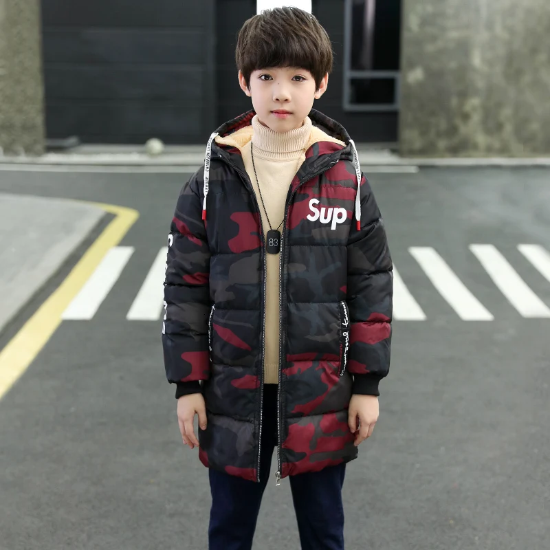 

2019 New Boys Warm Winter Jacket Snow Army Camouflage Thickening Down Cotton Children's Garment Long Cotton-padded Hooded Coat