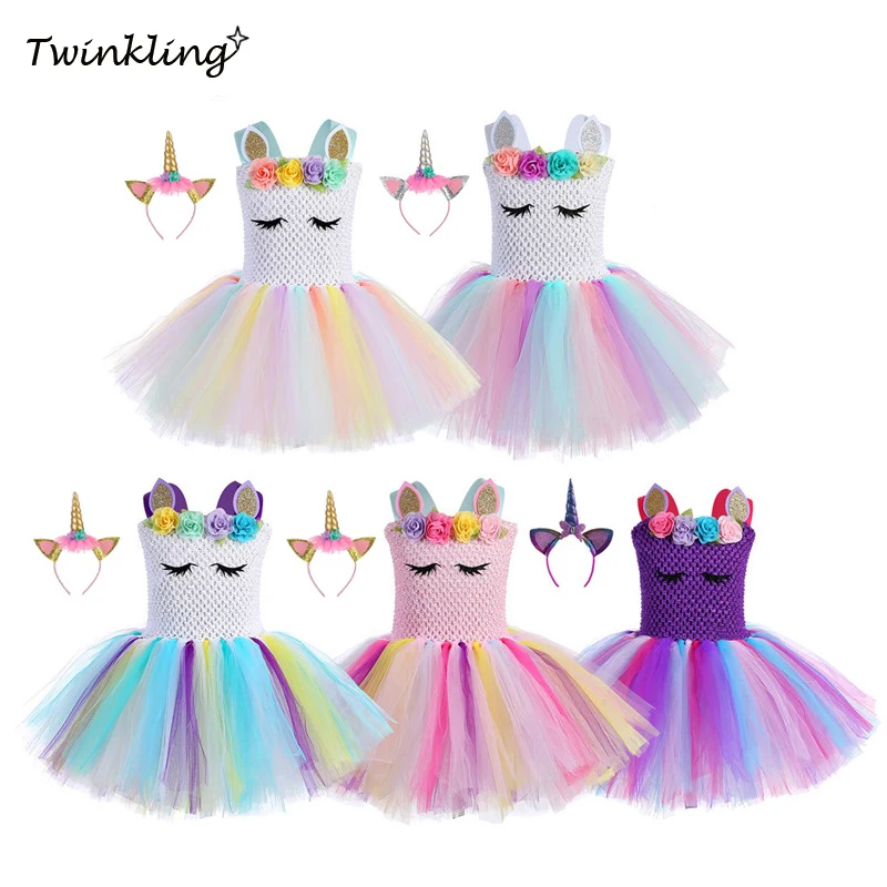 

Free Hair+ Girls Unicorn Tutu Dress Flowers Rainbow Princess Kids Party Dress Girls Christmas Halloween Pony Cosplay Costume