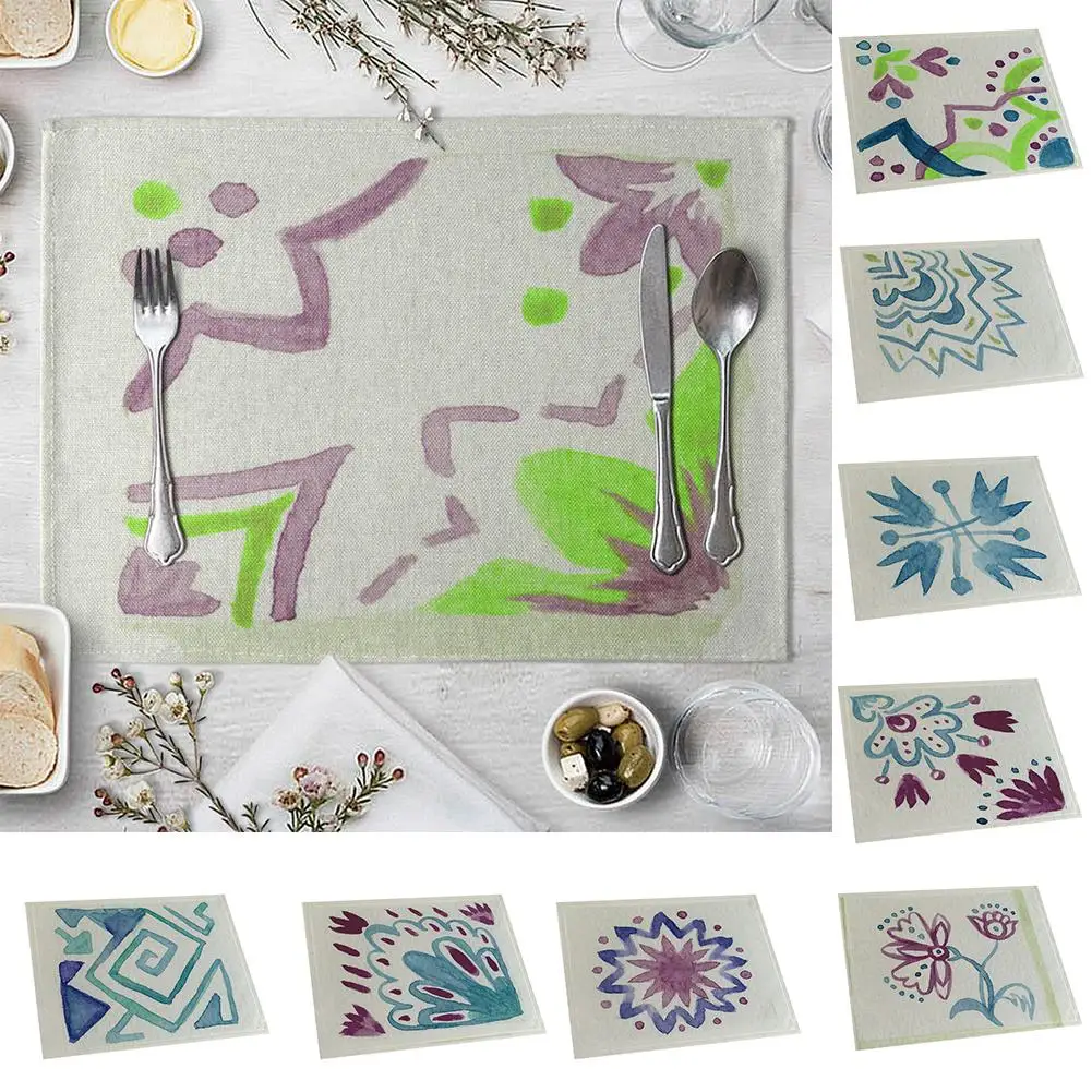 

Flower Leaves Drawing Linen Pad Kitchen Dining Table Mat Easy clean dry fast non-toxic safe wear resistant Placemat Decor