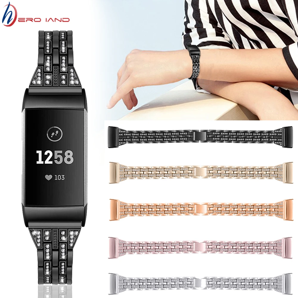 

For Fitbit Charge 4 3 Watch Band Replacement Stainless Steel Metal Wrist Strap with Rhinestone Bracelet for Fitbit Charge3 Bands