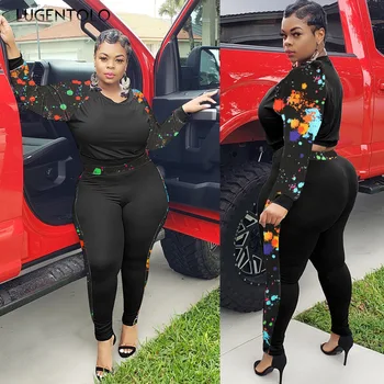 

Lugentolo Women Two Piece Set Sexy Fashion Graffiti Printed Round Neck Casual Tops Long Pencil Tight Pants Female Set Large Size