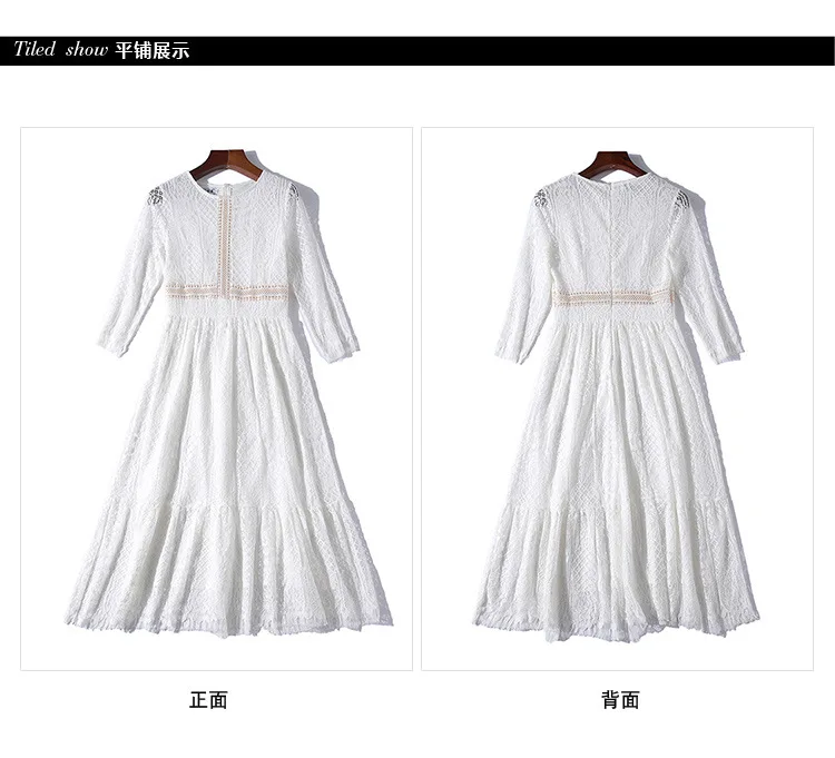 S-xxl сезон весна-лето; женское платье; белое кружевное платье; бальное платье с круглым вырезом; длина до середины икры; 3/4 рукав; модное повседневное милое белое платье
