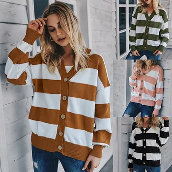 

Women Autumn Winter Sweater Knitted Pullovers Stripes Women Top Wearing Patchwork Womens Sweaters Cardigan