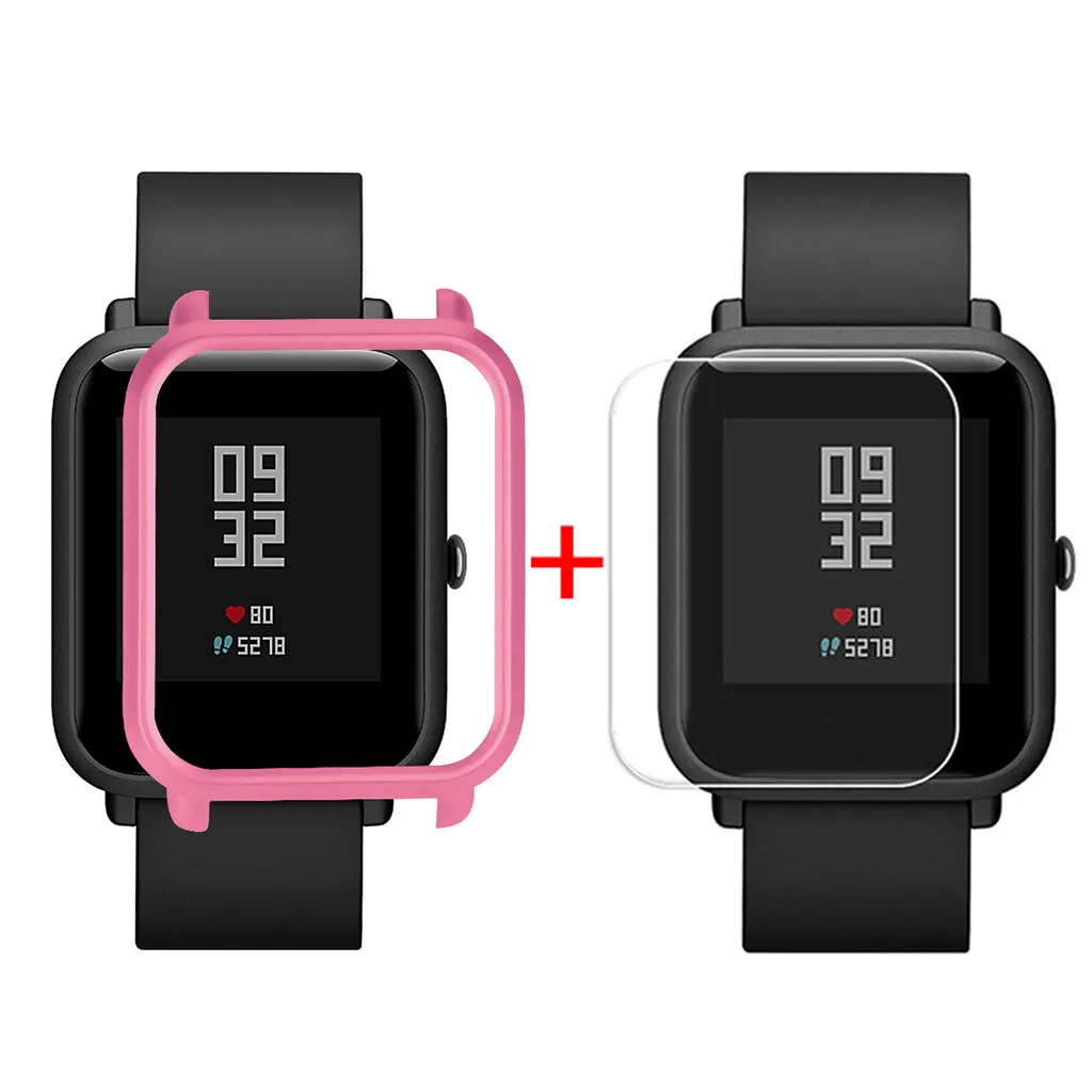 Hot Pink Защитный чехол-накладка+ Защитная пленка для экрана для Xiaomi/Huami Amazfit Bip Youth Watch тонкий цветной Чехол-рамка#25 - Цвет: Hot Pink