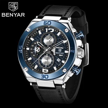 

BENYAR Top Luxury Brand Watch Men Analog Chronograph Quartz Wrist Watch leather Band Wristwatch Auto Date