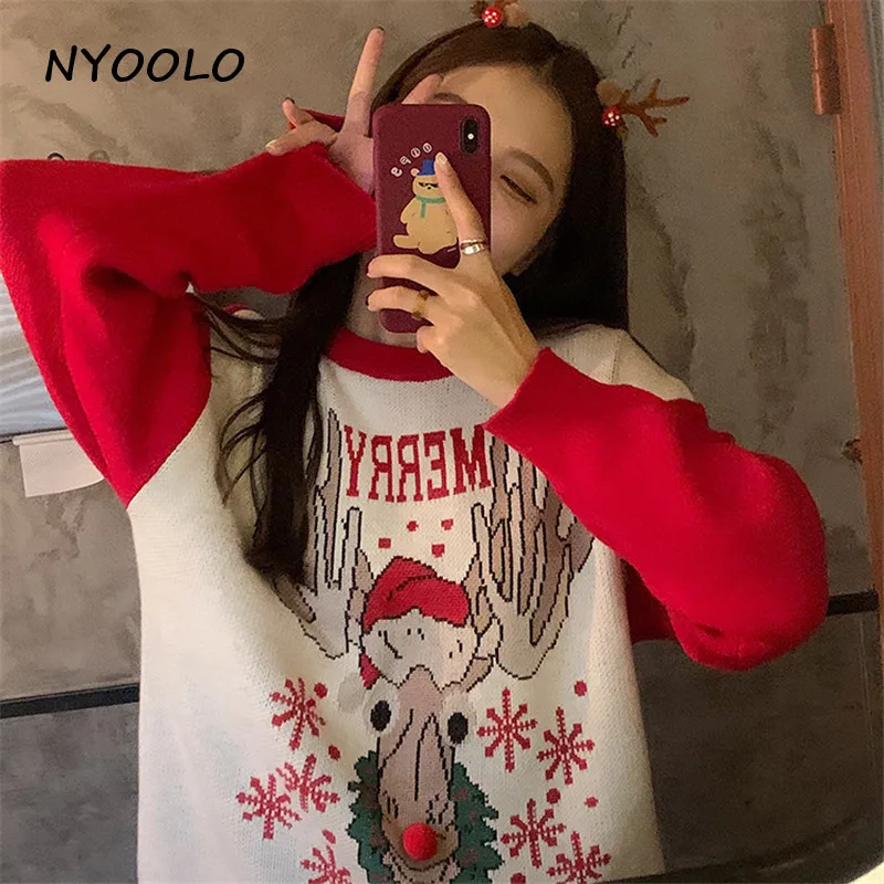 NYOOLO повседневный уличный Рождественский жаккардовый теплый зимний свитер с изображением снежного лося и буквами в стиле пэчворк, Женский пуловер с длинным рукавом и круглым вырезом