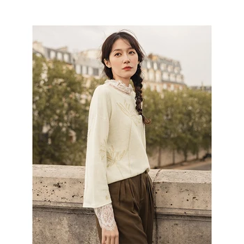 

INMAN Autumn New Arrival Temperament Literature Jacquard Weave Linen Blending Three-quarter Sweater