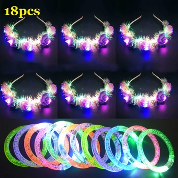 

12pcs Bracelet and 6pcs Flower Wreath, LED Light Up Birthday Wedding Party Favors Glow in the Dark Baby Shower Girls Women