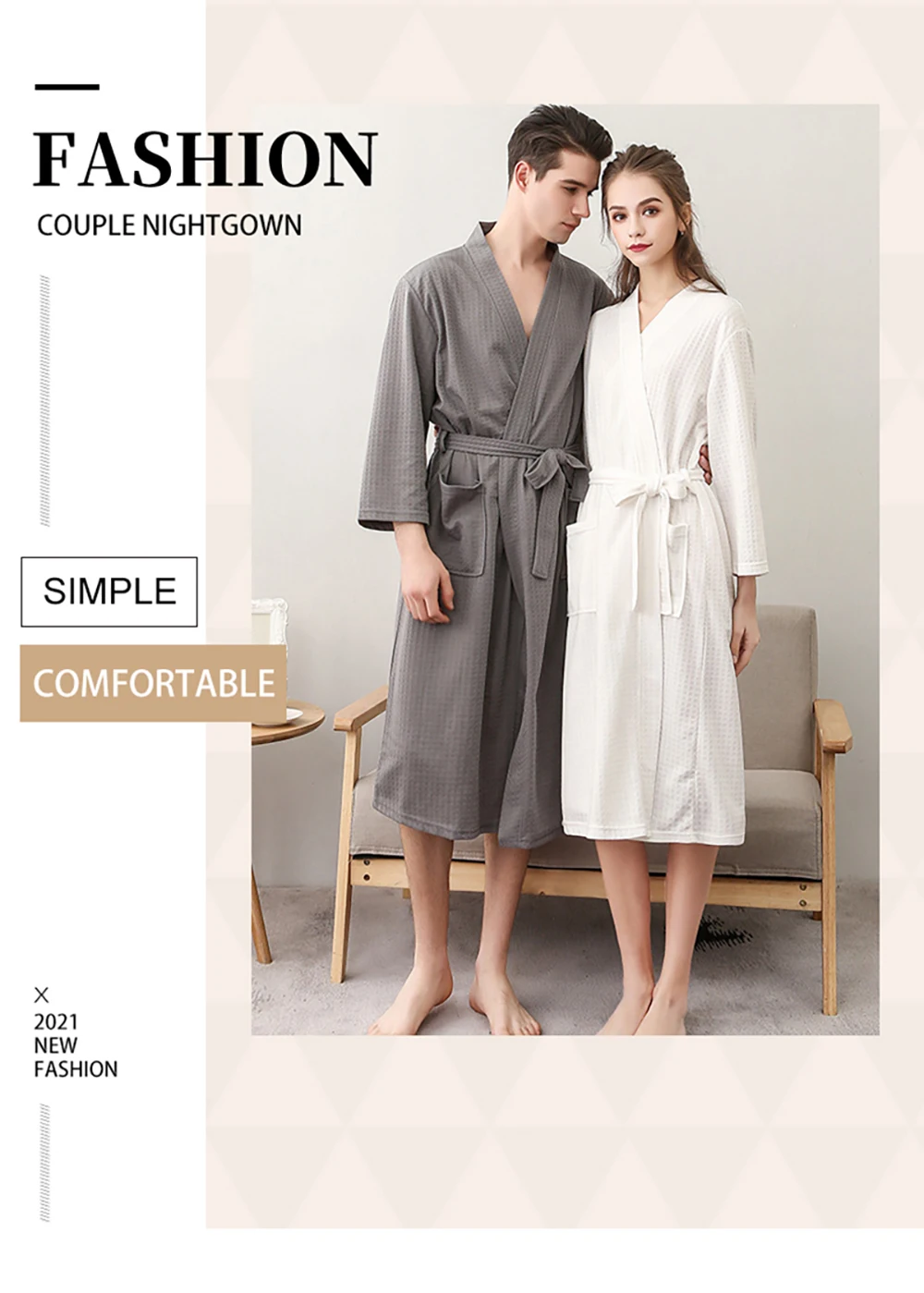 Spring and Summer Couple Nightgown One Piece Solid Color Waffle Cardigan Three-Quarter Sleeve Robe mens silk pajamas