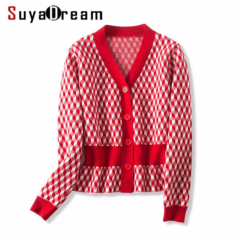 #^Special Price SuyaDream Red Plaid V Neck Women Wool Cardigans 100%Wool Single Breasted Fashion Sweaters 2019 Autumn Winter Outwear