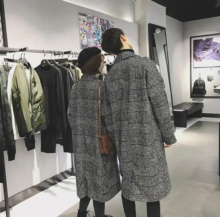Осеннее мужское шерстяное пальто в Корейском стиле, пальто в клетку, повседневное длинное пальто с отложным воротником, клетчатое пальто