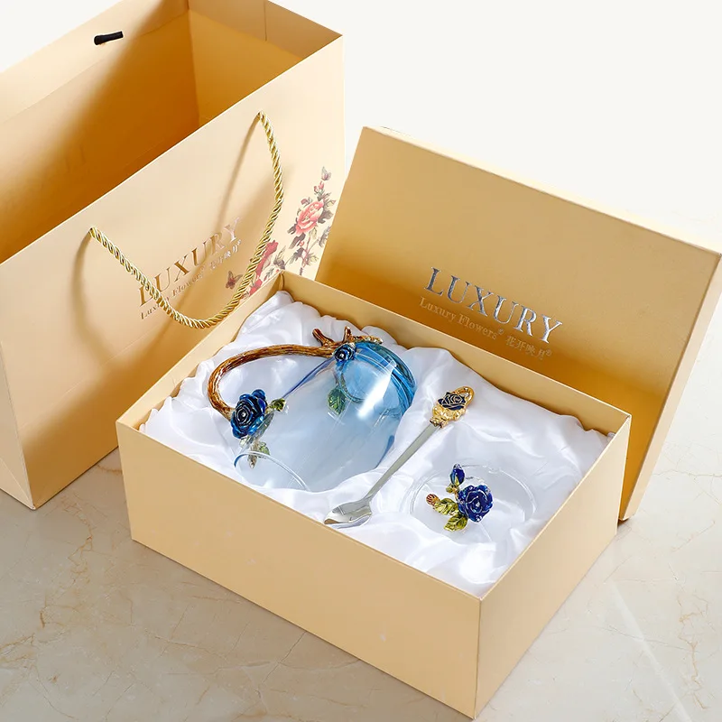 European Style Luxury Enamel Transparent Glass Rose Crystal Glass Cup Household Heat-Resistant Cup Flower Coffee Cup Ceremony
