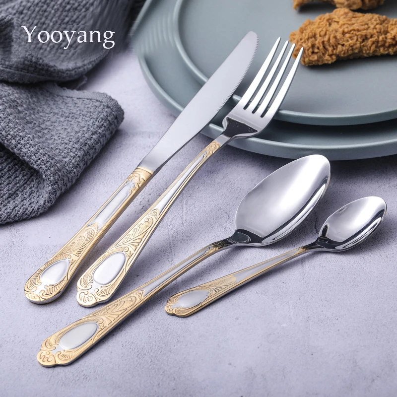 

24Pcs Stainless Steel Gold Plated Cutlery Set Dinnerware Tableware Silverware Dishwasher Safe Dinner Fork Knife Drop Shipping