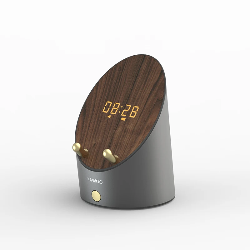 KAWOO Smart Speakers Wooden Alarm Clock Wireless Smart Speaker Portable Mini Desktop Music Surround Sound Audio Phone Holders 