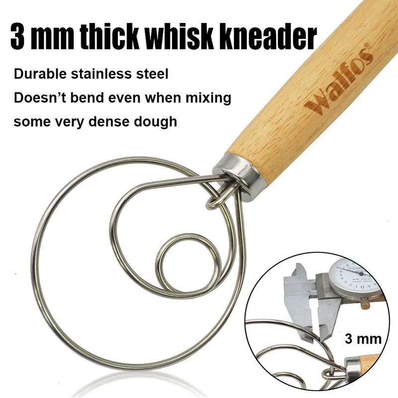 WALFOS Danish Dough Stainless Steel Danish Dough Whisk Baking Pastry Blender Egg Beater Tools Bread Making