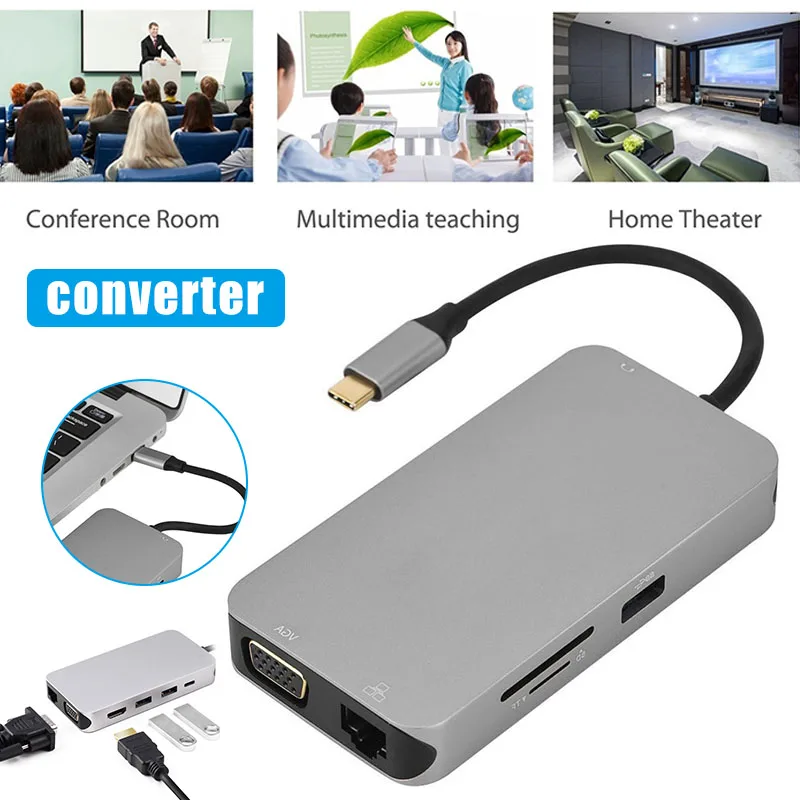 Тип-c к RJ45 VGA HDMI концентратор PD аудио адаптер конвертер для ПК компьютер FKU66