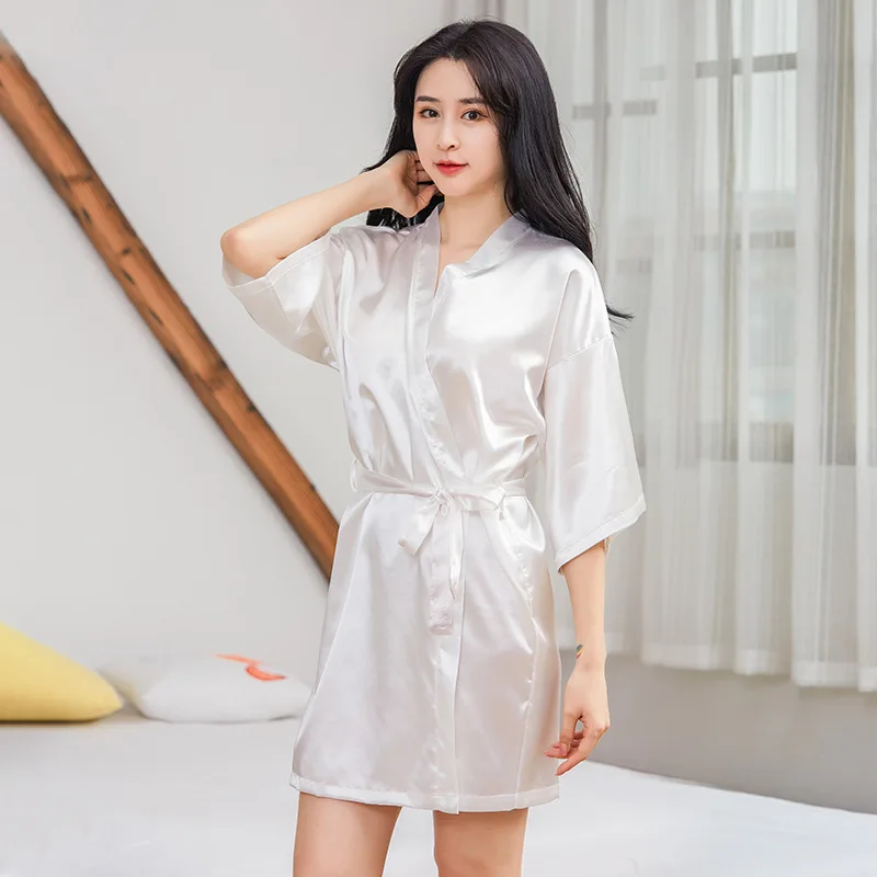 

Sanderala Sexy Woman Solid Robe V Neck Belted Women Bridesmaid Sleepwear Elegant Satin Dressing Gown Bathrobe Home Pajamas