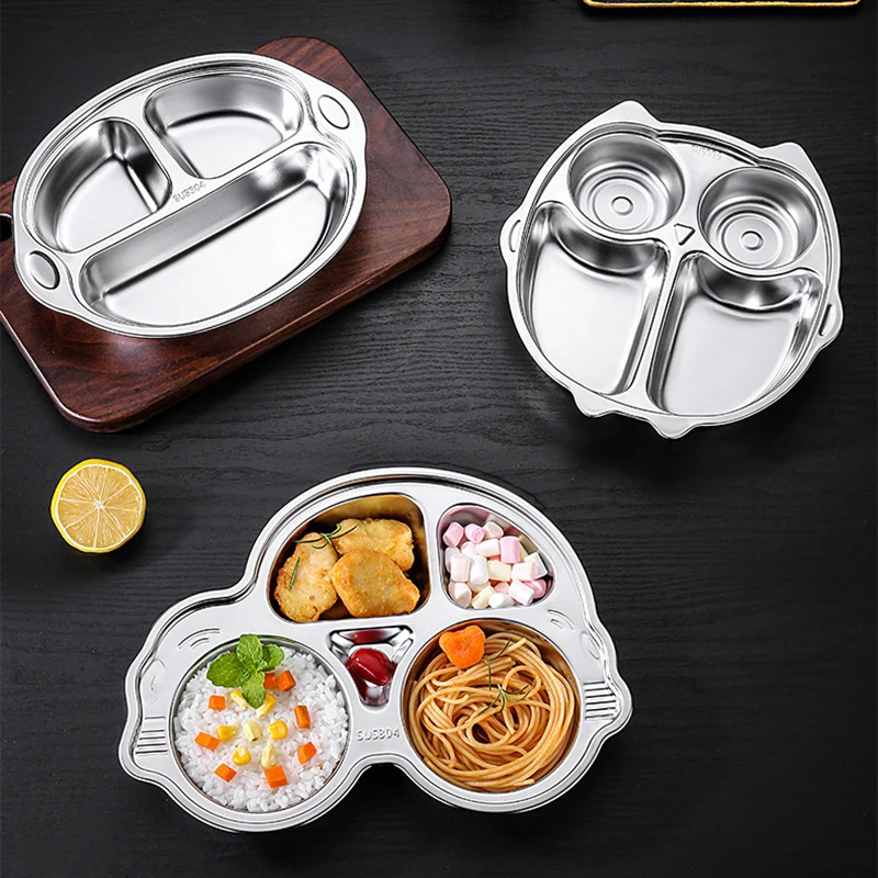 Stainless Steel Children's Tableware Kindergarten Dinner Plate Shatter-resistant Round Grid Tray Factory School Baby Dinner Plat