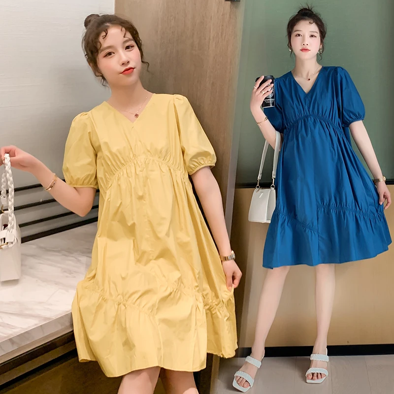

Maternity summer fashion dress yellow blue v-neck puff sleeve pregnant women dress plus size female clothes pregnancy mini dress
