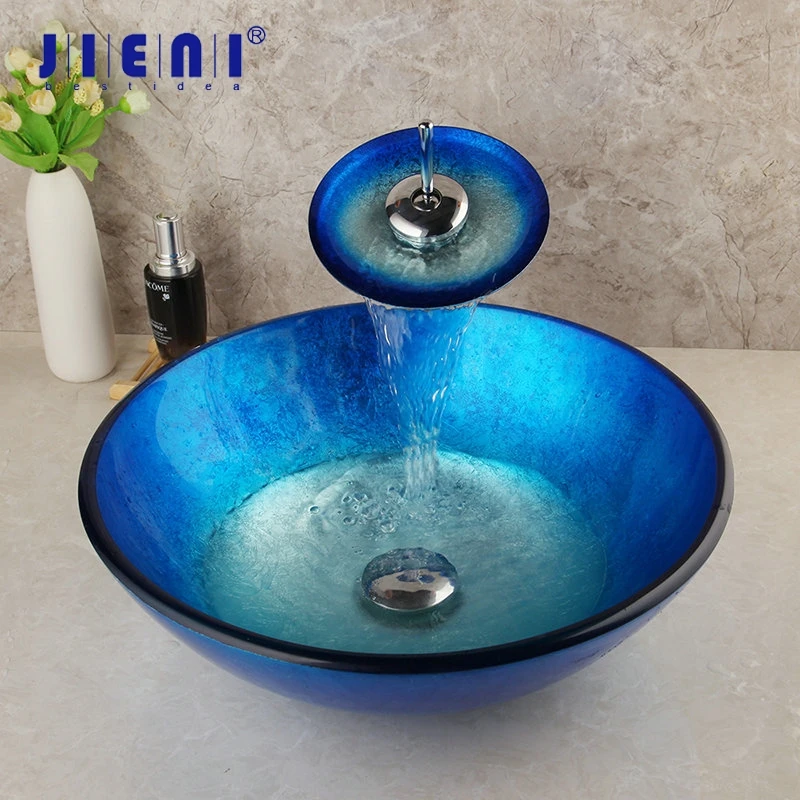 Bathroom Blue Tempered Glass Round Basin Vessel Sink Waterfall Chrome Faucet