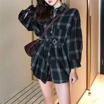 

ZCWXM New 2020 Women Spring Autumn Lace Up Blouse Shirts Plaid Pockets Korean Casual Notched Fashionable Loose Lady Tops Fashion