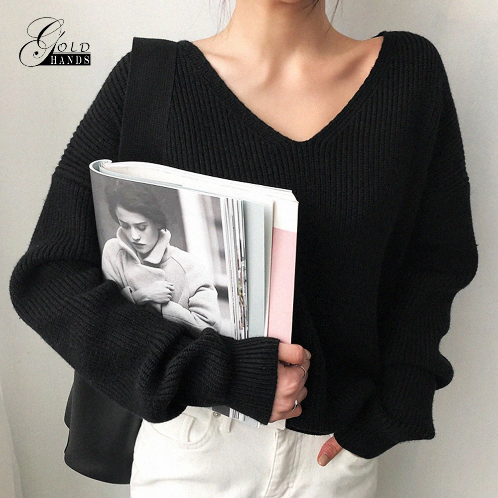

Gold Hands Solid long sleeve V-neck pullover Women knitting sweater autumn winter female fashion casual brand sweater