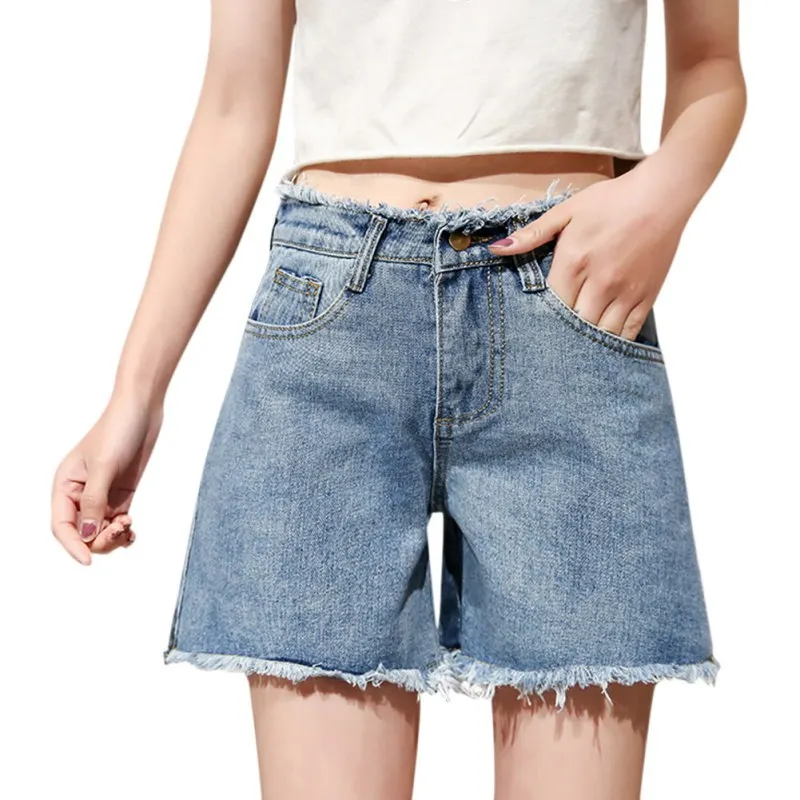 2019 летние джинсовые шорты с высокой талией, модные широкие шорты с карманами и кисточками, Женские однотонные повседневные короткие джинсы