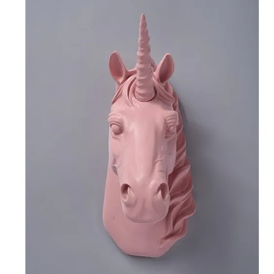 Смола голова животного Художественная Скульптура олень Единорог настенная вешалка настенный орнамент ремесленные статуи винтажные украшения для дома - Цвет: Pink