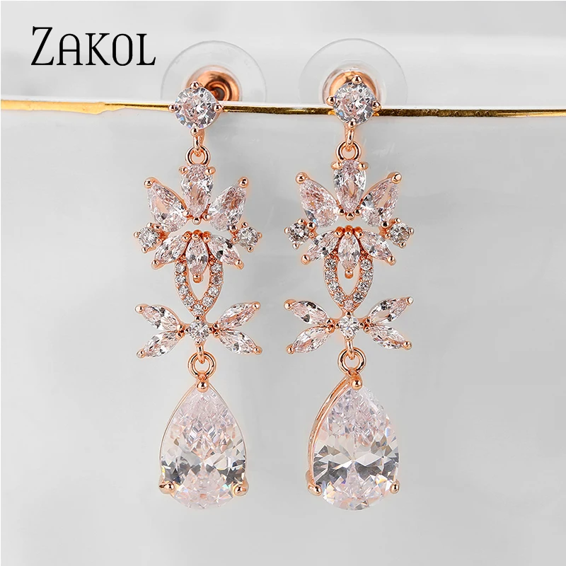 ZAKOL Elegent Evening Dinner Party Wedding Jewelry Luxury Water Drop Long CZ Crystal Big Dangle