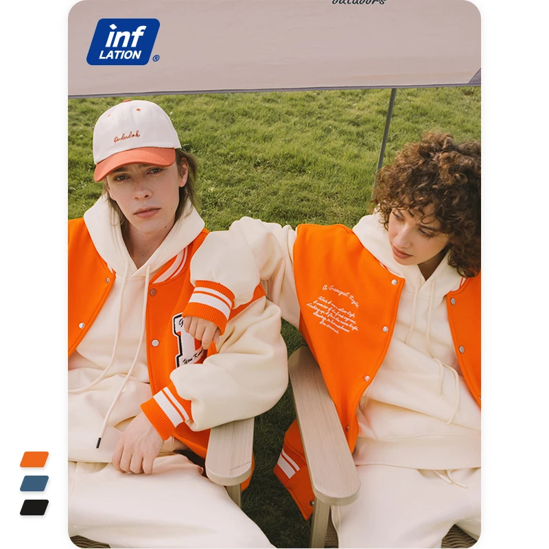 INFLATION Unisex Varsity Jacket Urban Streetwear Vintage Fleece Bomber Jacket with Embroidery Couple Orange Baseball Coat winter jackets for men