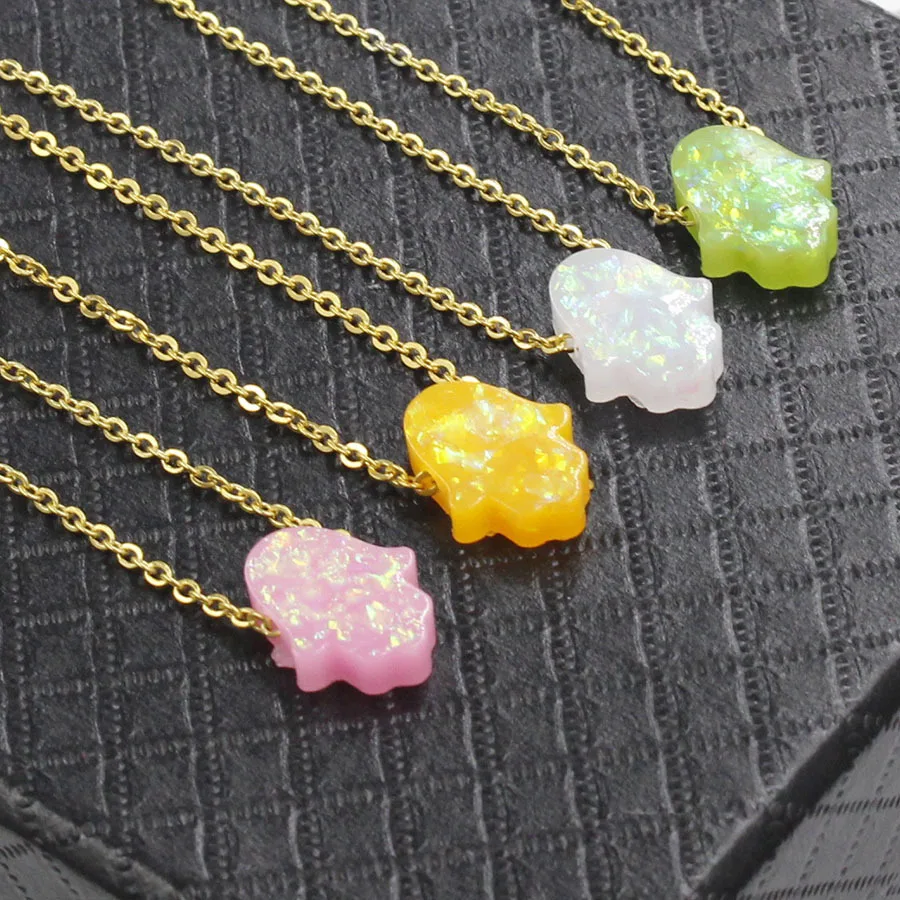 

Arabic Blue Hamsa Hand Opal Pendant Fatima Necklace Stainless Steel Women Choker Necklace Jewelry Collier Femme Choker Bijoux