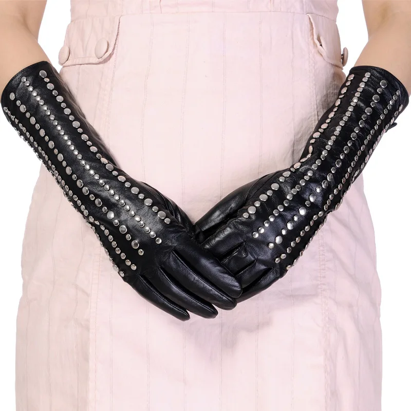 

Fashion Sexy Extra Long 40cm Leather Gloves 5 Rows Rivet Black Sheepskin Women's Long Gloves Long Leather Gloves S2784