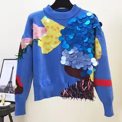Женский свитер с блестками, 2019, с кисточками, в горошек, свободная, синяя, осенняя, зимняя одежда, топы, Женский пуловер, Harajuku, уличная одежда