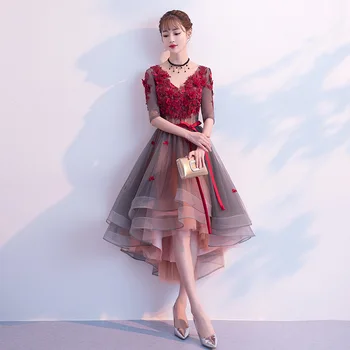 

Evening Dress 2020 New Short Front Long Back Sexy V Neck Half Sleeve Flower Plus Size Lace Up Dress Party Fashion Prom Gown