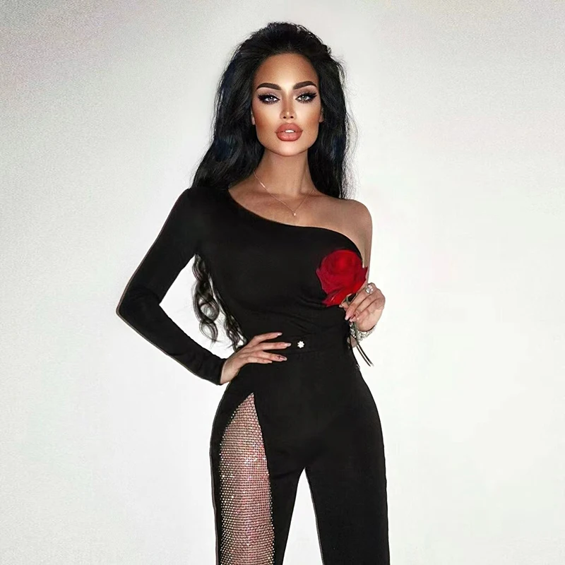 2021 High Quality Women's Bandage Jumpsuits One Shoulder Full Sleeve Hollow Out Rhinestone Crystal Diamond Black Celebrity Party