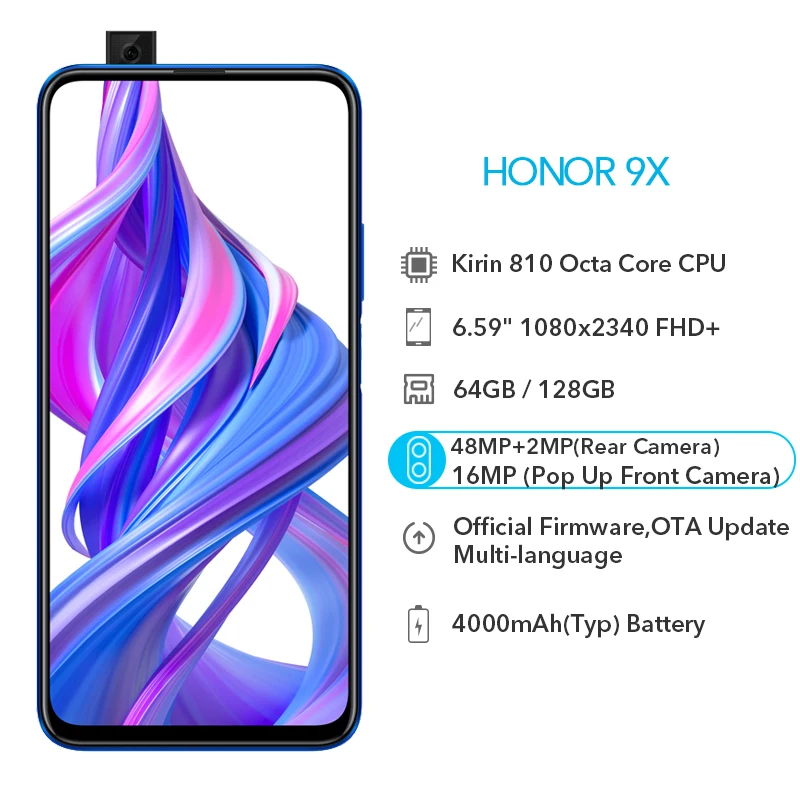 Honor 9X глобальная ПЗУ 4 Гб 64 Гб 128 ГБ 48MP две камеры 4000 мАч GPU Kirin 810 Восьмиядерный 6,59 дюймовый полный экран FHD 1080x2340P
