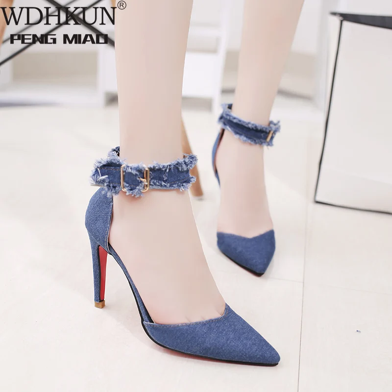 

Sexy Women High Heels Shoes Women Spring Summer Denim Pointed Toe Classics Thin Heels Pumps Party Dress Shoes Mujer Zapatos #180