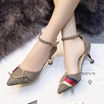

2020 new brand sexy comfortable thin buckle single shoes pointed straps natural linen hemp fabric dress grid high heels