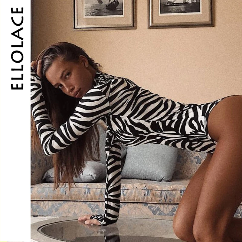 

Ellolace Fashion Bodysuit Women Zebra Animal Print Bodys Long Sleeve Overalls Slim Bodycon Rompers 2019 Streetwear Body Suit