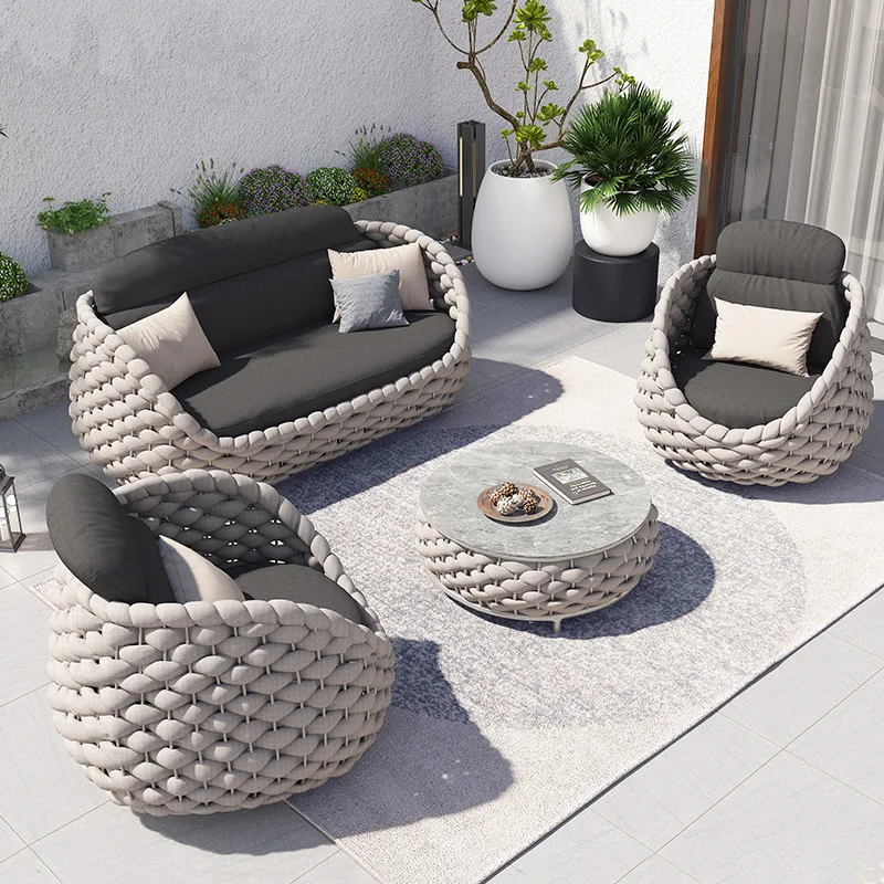 4person Outdoor Furniture Aluminum Wicker / Hemp Rope Sofa Leisure Set