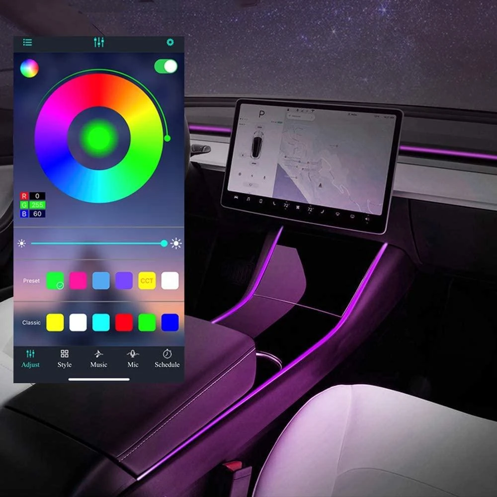 16 Million Colors Center Console Light Neon Light Tubes with APP Controller Tesla Model 3 Model Y Car Interior LED Strip Lights 