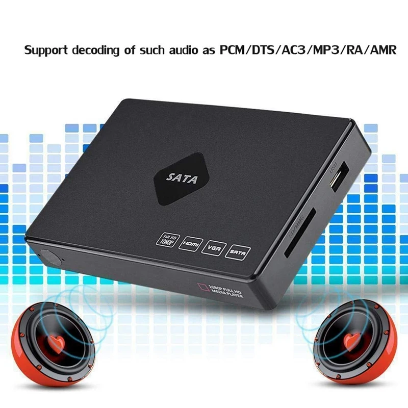 AABB-Mini Full HD 1080P 2.5 Inch SATa HDD Player Video Audio Media with HDMI/VGA/AV/USB/SD/MMC/Optical Output EU Plug