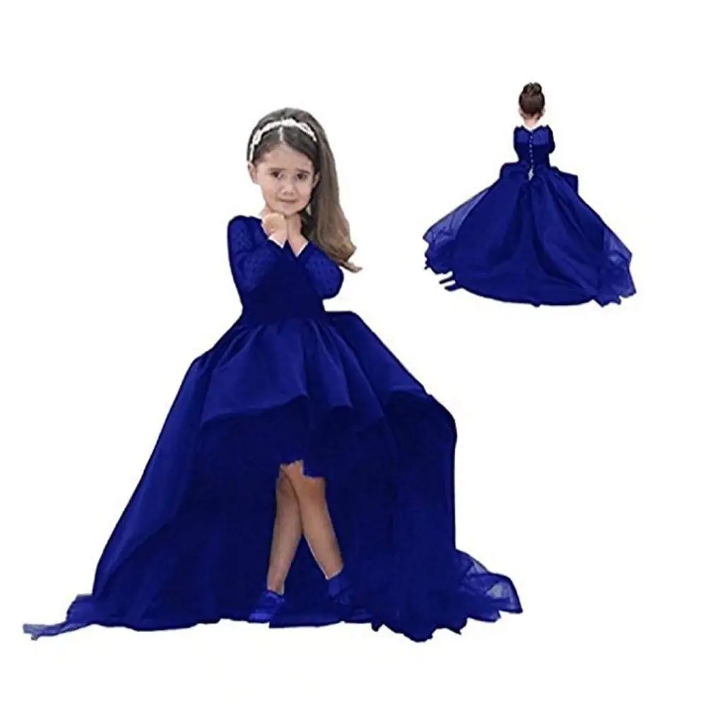 Kids Black Hi-Lo Long Sleeve Girl's Pageant Dresses Flower Girl Dresses with Bow for Wedding Party Birthday Princess Gown - Цвет: blue