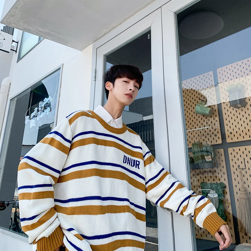 Winter New Sweater Men Warm Fashion Contrast Color Casual O-neck Sweater Pullover Street Loose Striped Sweater Male Clothes Winter New Sweater Men Warm Fashion Contrast Color Casual O-neck Sweater Pullover Street Loose Striped Sweater Male Clothes