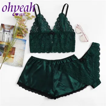 

Ohyeahlover Lace Pajama Sets Lingerie Satin Floral Female Sleepwear Nightie Transparent Sexy Three Pieces Fashion Hollow RL80900