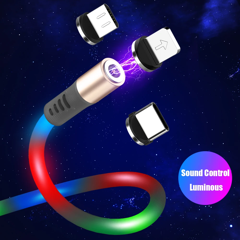 Магнитный зарядный кабель 3 в 1 светящийся провод для подсветки iPhone Samsung LED Micro USB Type