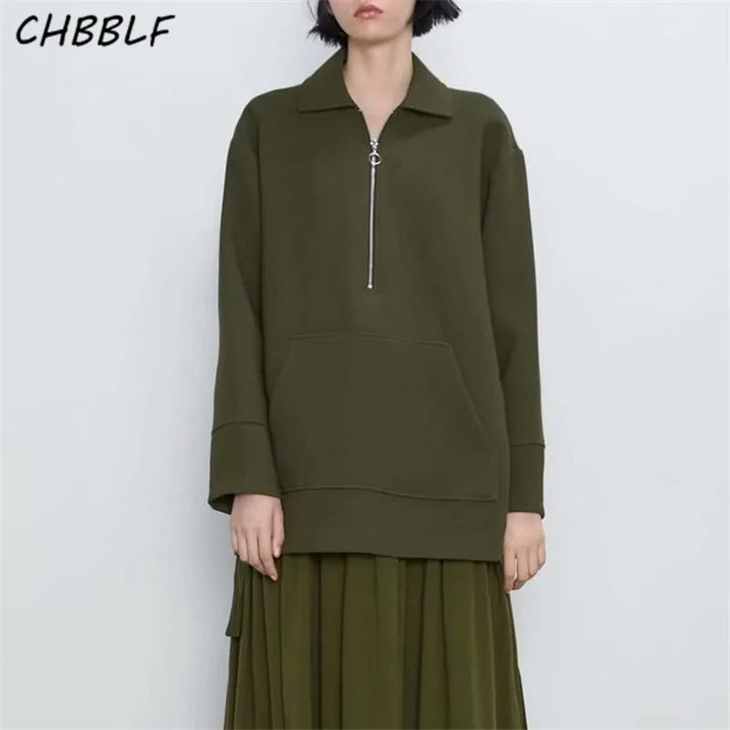 CHBBLF Женская Повседневная Свободная Толстовка с отложным воротником с длинным рукавом на молнии Женская однотонная Верхняя одежда Топы HJY8716