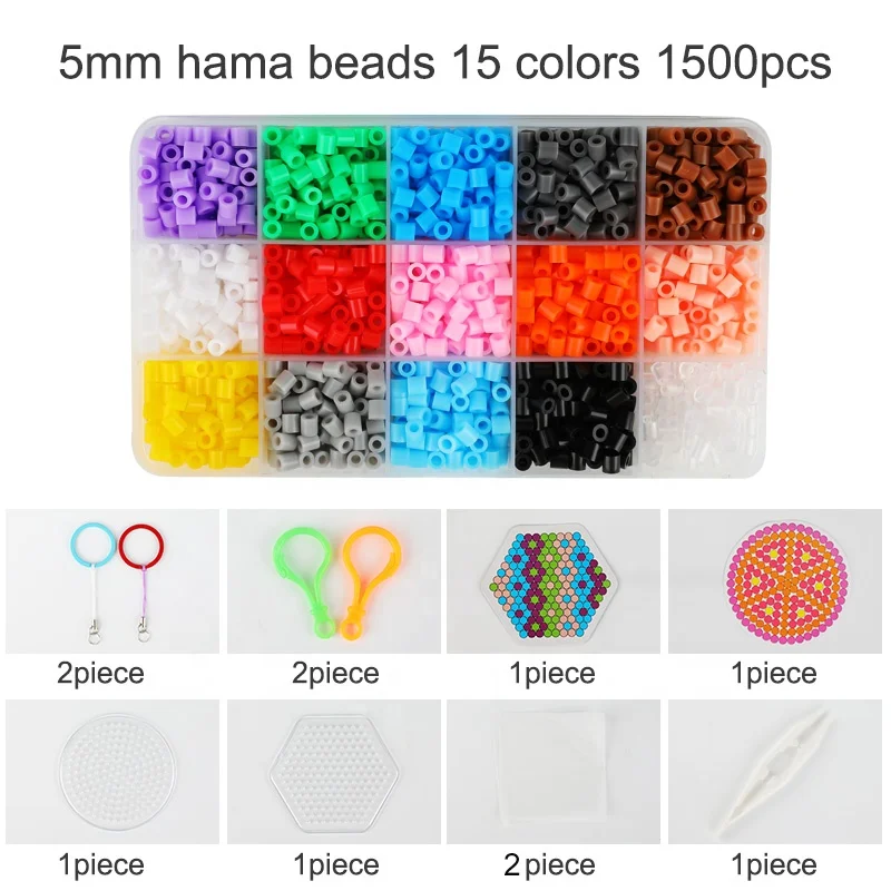 5 мм Хама бусины Kit 1500pcs 15 цветов 2Pegboards 2 узоры гладильная бумага Пинцет чехол для